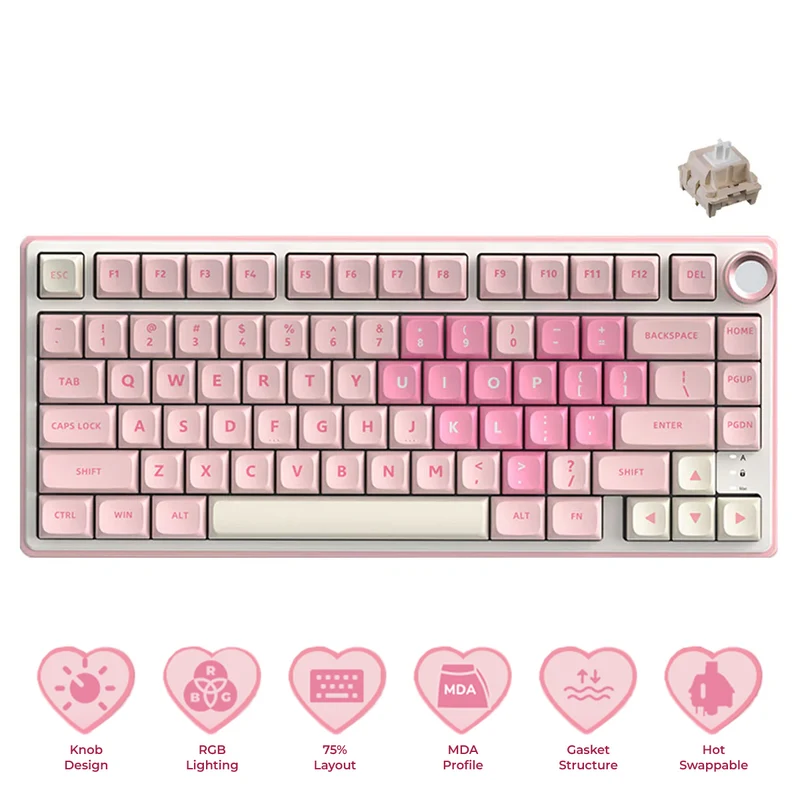 Royal Kludge R75 QMK Single-Mode RGB 81 Keys Hot-Swappable Mechanical Keyboard Pink Melody (Cream, Beige Switch)