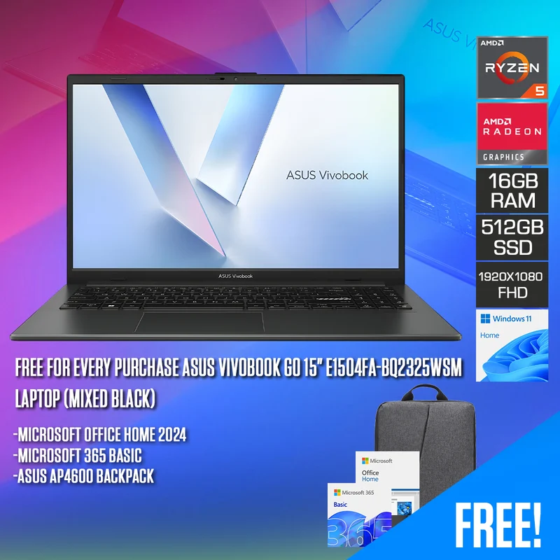 Asus Vivobook Go 15" E1504FA-BQ2325WSM Laptop (Mixed Black) | 15.6 FHD (1920x1080) | Ryzen 5 7520U | 16GB RAM | 512GB SSD | AMD Radeon Graphics | Windows 11 Home | Microsoft Office Home 2024 + Microsoft 365 Basic + Asus AP4600 Backpack