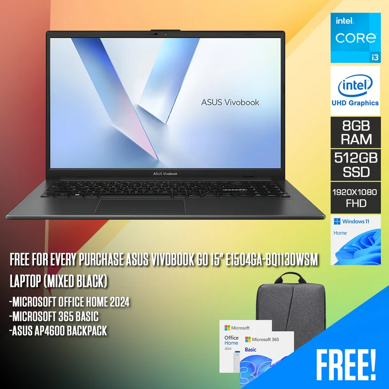 Asus Vivobook Go 15" E1504GA-BQ1130WSM Laptop (Mixed Black) | 15.6 FHD (1920x1080) | i3-N305 | 8GB RAM | 512GB SSD | Intel UHD Graphics | Windows 11 Home | Microsoft Office Home 2024 + Microsoft 365 Basic + Asus AP4600 Backpack