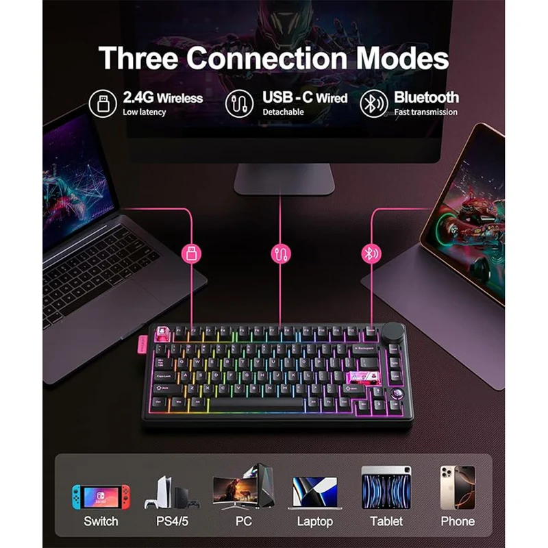 Onikuma MT706 Tri-Mode RGB 81 Keys Mechanical Keyboard with Knob (Black)