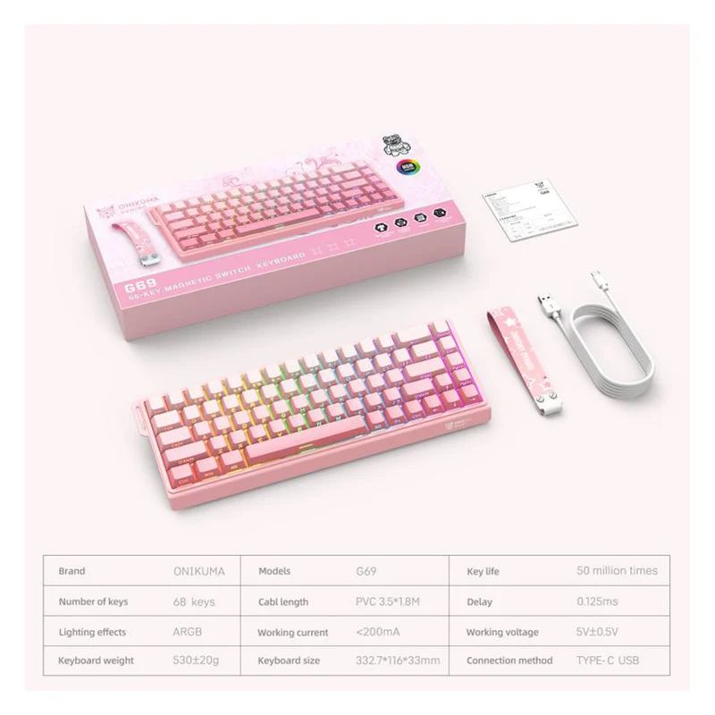 Onikuma G69 68 Keys RGB Wired Magnetic Switch Keyboard (Pink)