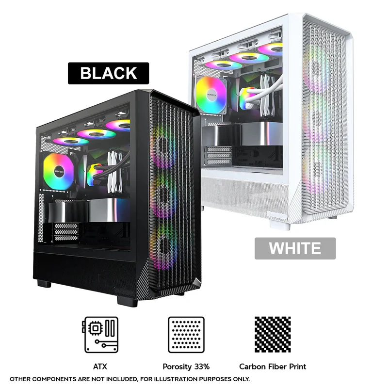 Montech X5 ATX Mid-Tower Carbon Fiber Print TG Side Panel & Mesh Front PC Case (Black, White)