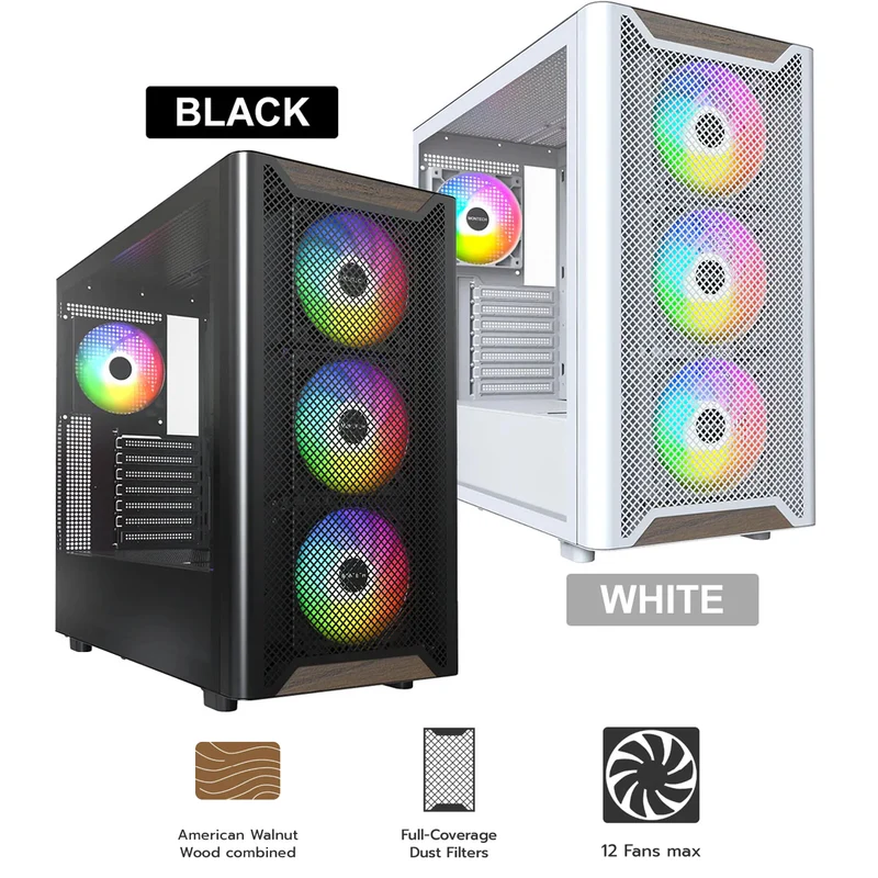Montech XR Wood Mid-Tower TG Side Panel & Mesh Front with Wood Blends PC Case (Black, White)