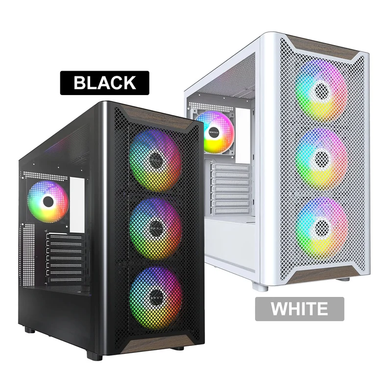 Montech XR Wood Mid-Tower TG Side Panel & Mesh Front with Wood Blends PC Case (Black, White)