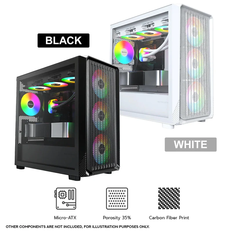Montech X5M mATX Mid-Tower Carbon Fiber Print TG Side Panel & Mesh Front PC Case (Black, White)