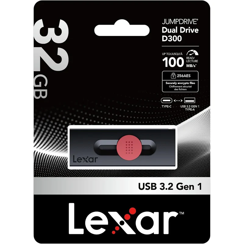 Lexar JumpDrive Dual Drive D300 USB 3.1 Type-C & Type-A 100MB/s Read Flash Drive (32GB, 64GB)