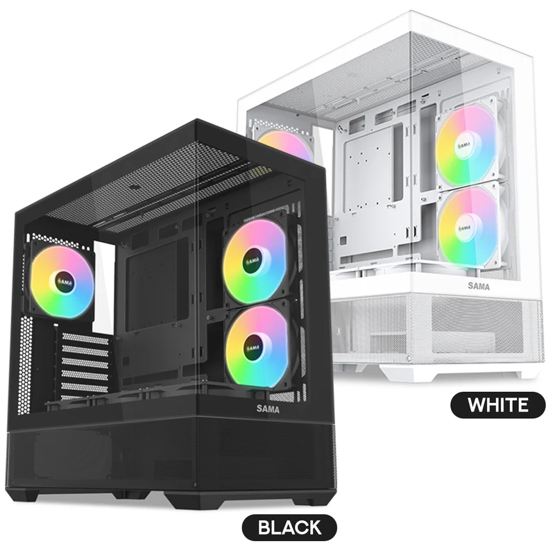 Sama V40 Mid-Tower Dual Tempered Glass Panel PC Case (Black, White)