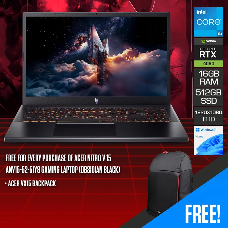 Acer Nitro V 15 ANV15-52-51Y8 Gaming Laptop (Obsidian Black) | 15.6" FHD (1920x1080) 165Hz IPS | Core i5-13420H | 16GB (2x8GB) RAM | 512GB SSD | RTX 4050 | Windows 11 Home | Acer VX15 Backpack