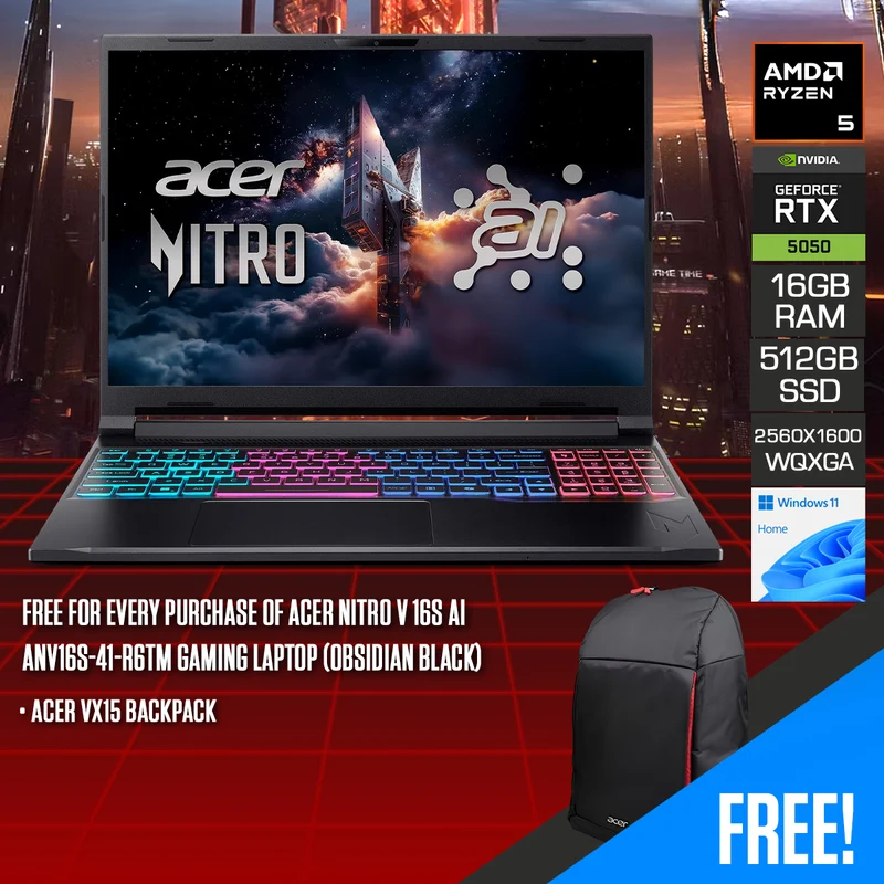 Acer Nitro V 16S AI ANV16S-41-R6TM Gaming Laptop (Obsidian Black) | 16" WQXGA (2560x1600) | 180Hz IPS | Ryzen 5 240 | 16GB RAM | 512GB SSD | RTX 5050 | Windows 11 Home | Acer VX15 Backpack