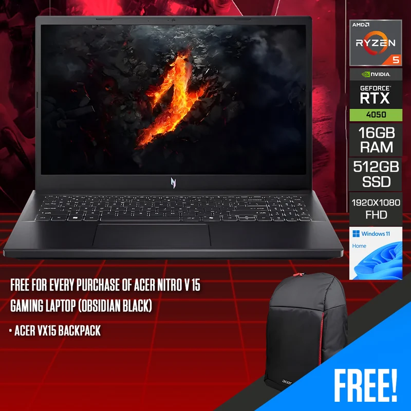 Acer Nitro V 15 ANV15-41-R9D6 Gaming Laptop (Obsidian Black) | 15.6" FHD (1920x1080) 165Hz IPS | Ryzen 5 6600H | 16GB (2x8GB) RAM | 512GB SSD | RTX 4050 | Windows 11 Home | Acer VX15 Backpack