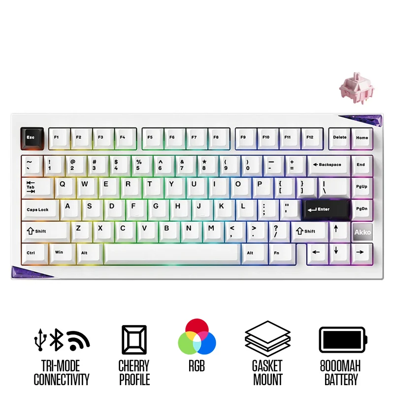 Akko Mineral 01 VIA Black on White Aluminum Curved Design Case Multi-Mode RGB Hot-Swappable Mechanical Keyboard (Akko Stellar Rose Switch)