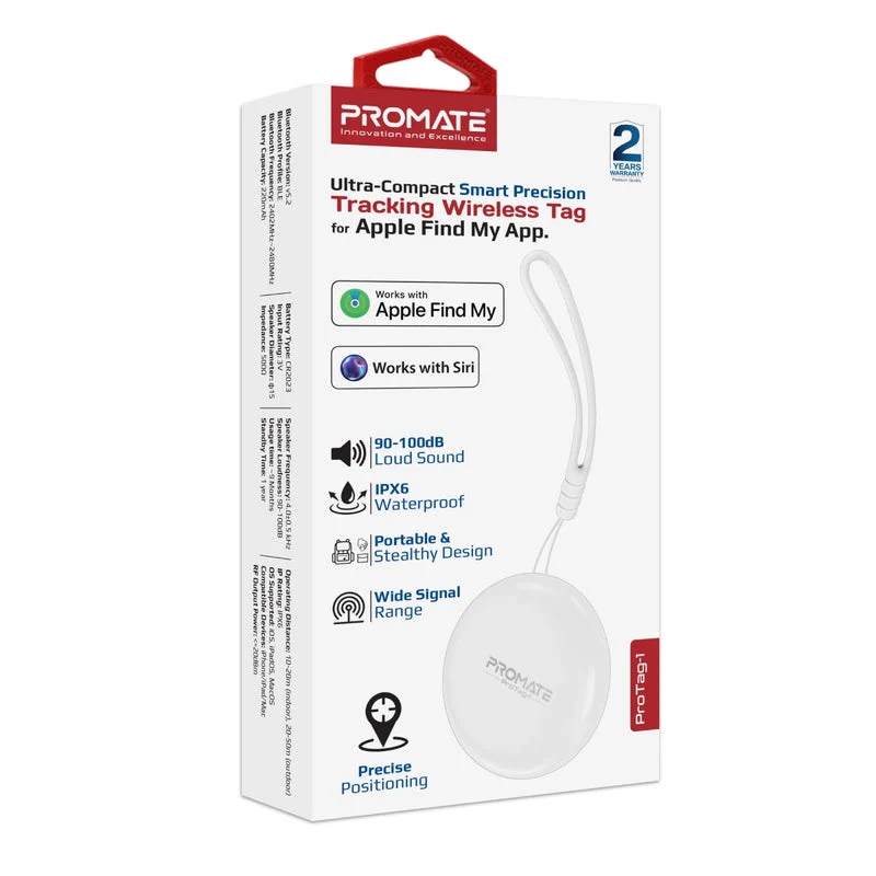 Promate ProTag-1 Ultra-Compact Smart Precision Tracking Wireless Tag for Apple Find My App. (White)