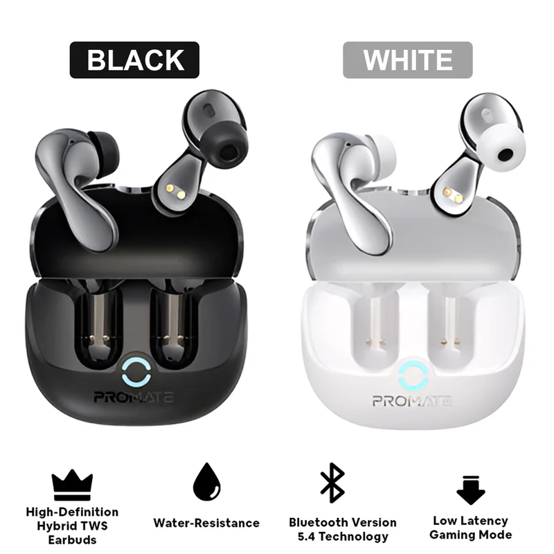 Promate Baton High-Definition Hybrid ANC TWS Earbuds with IntelliTouch (Black, White)