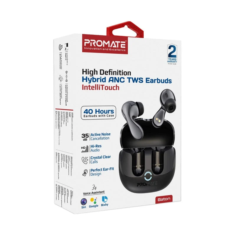 Promate Baton High-Definition Hybrid ANC TWS Earbuds with IntelliTouch (Black, White)
