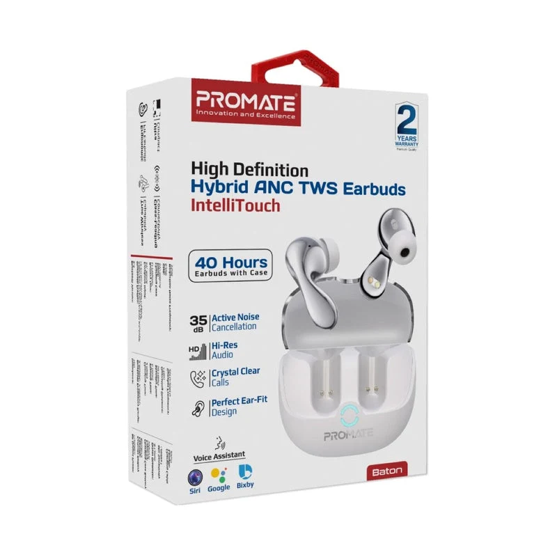 Promate Baton High-Definition Hybrid ANC TWS Earbuds with IntelliTouch (Black, White)