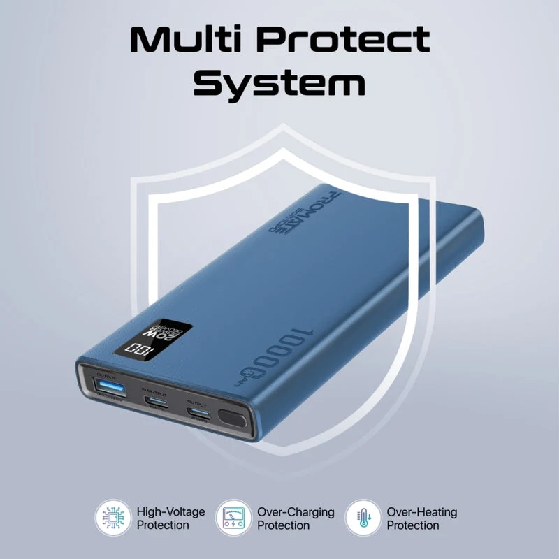Promate Bolt-10PD 10000mAh Compact Smart Charging Power Bank with 20W PD Dual USB-C & 22.5W USB-A Ports (Black, Blue, White)