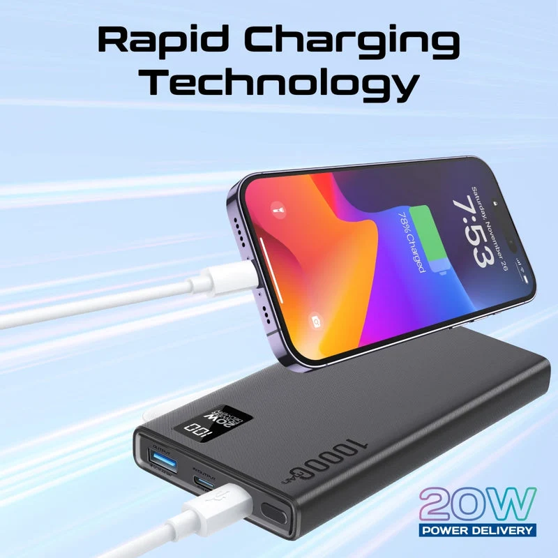 Promate Bolt-10PD 10000mAh Compact Smart Charging Power Bank with 20W PD Dual USB-C & 22.5W USB-A Ports (Black, Blue, White)