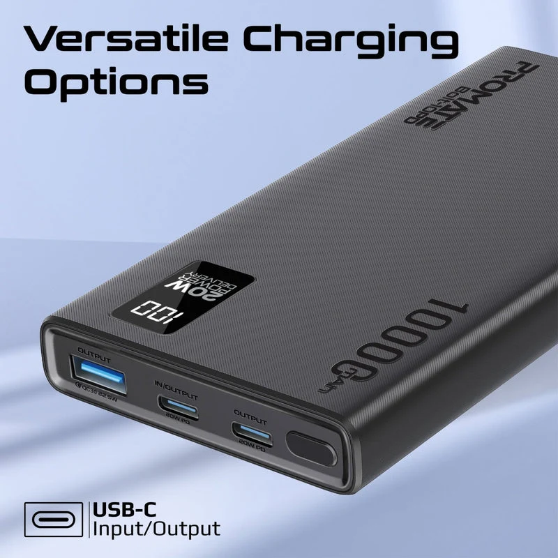 Promate Bolt-10PD 10000mAh Compact Smart Charging Power Bank with 20W PD Dual USB-C & 22.5W USB-A Ports (Black, Blue, White)