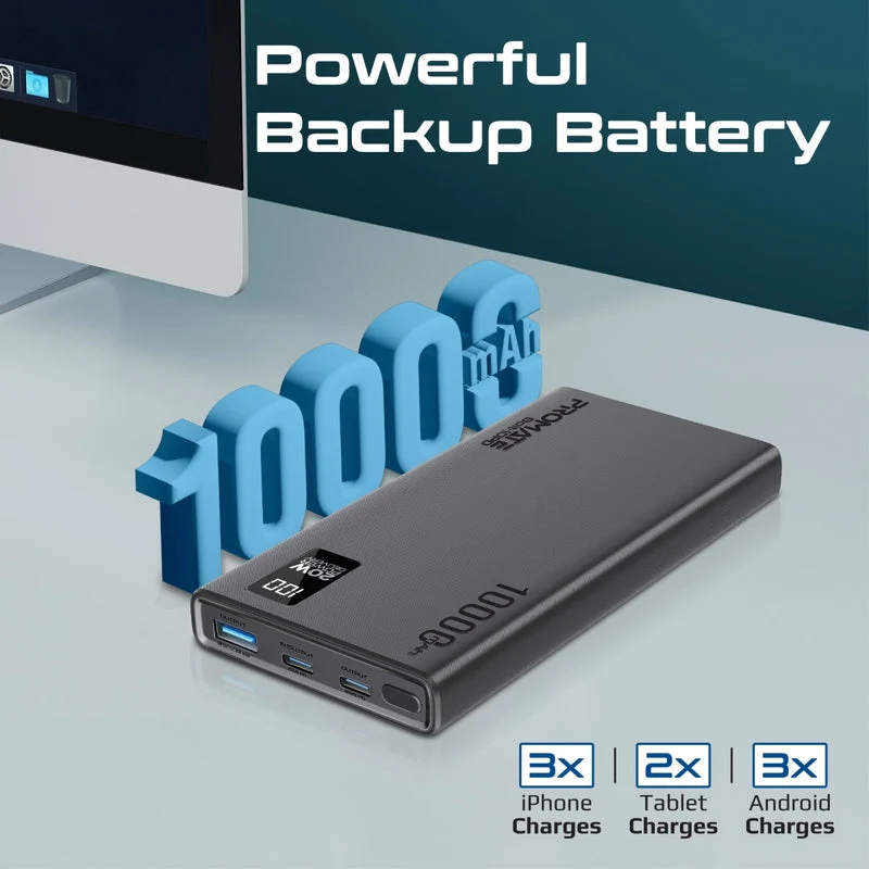 Promate Bolt-10PD 10000mAh Compact Smart Charging Power Bank with 20W PD Dual USB-C & 22.5W USB-A Ports (Black, Blue, White)