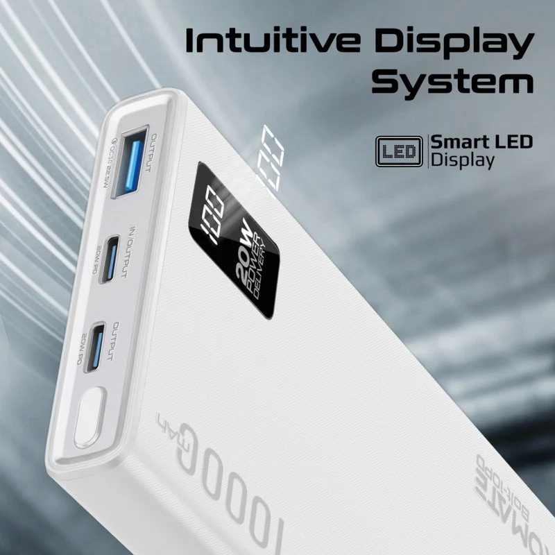 Promate Bolt-10PD 10000mAh Compact Smart Charging Power Bank with 20W PD Dual USB-C & 22.5W USB-A Ports (Black, Blue, White)