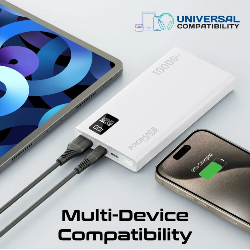 Promate Bolt-10PD 10000mAh Compact Smart Charging Power Bank with 20W PD Dual USB-C & 22.5W USB-A Ports (Black, Blue, White)