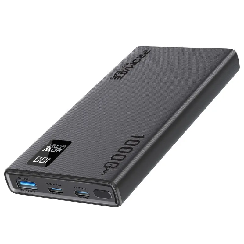 Promate Bolt-10PD 10000mAh Compact Smart Charging Power Bank with 20W PD Dual USB-C & 22.5W USB-A Ports (Black, Blue, White)