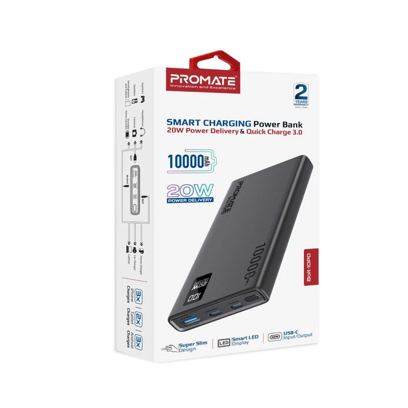 Promate Bolt-10PD 10000mAh Compact Smart Charging Power Bank with 20W PD Dual USB-C & 22.5W USB-A Ports (Black, Blue, White)