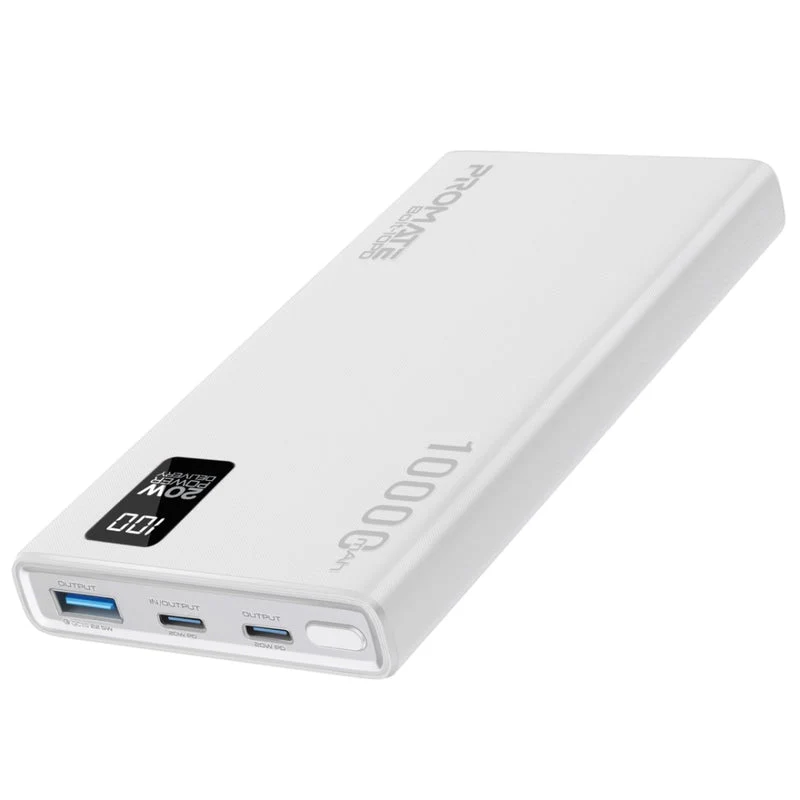 Promate Bolt-10PD 10000mAh Compact Smart Charging Power Bank with 20W PD Dual USB-C & 22.5W USB-A Ports (Black, Blue, White)