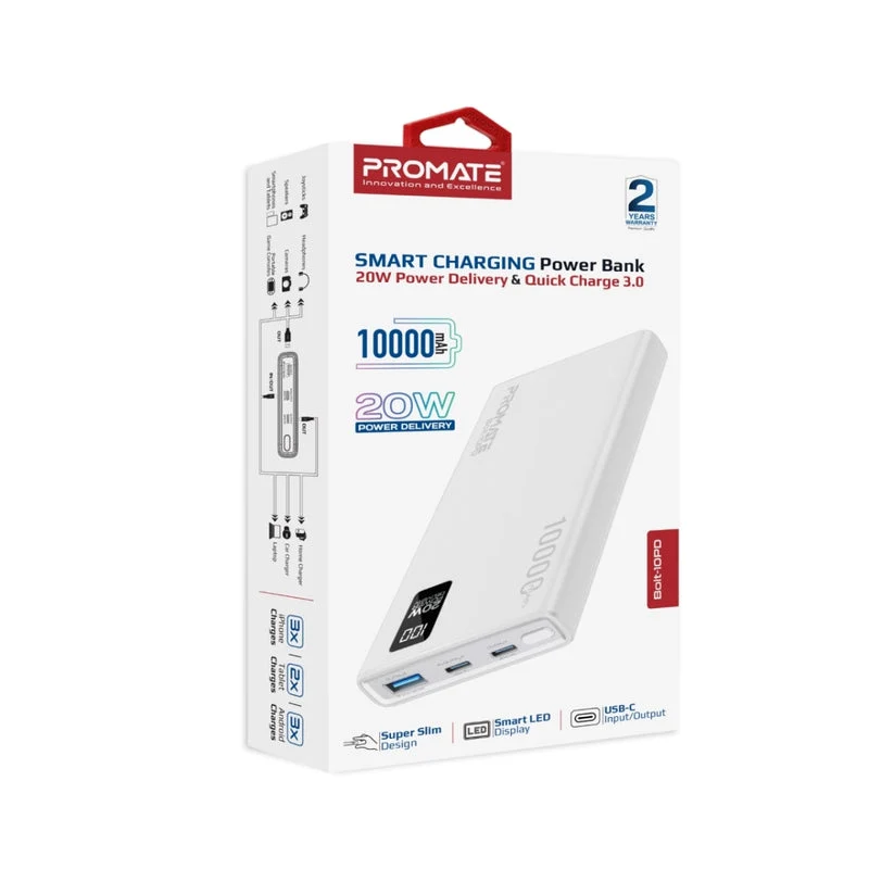 Promate Bolt-10PD 10000mAh Compact Smart Charging Power Bank with 20W PD Dual USB-C & 22.5W USB-A Ports (Black, Blue, White)