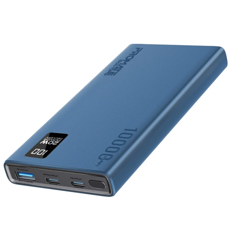 Promate Bolt-10PD 10000mAh Compact Smart Charging Power Bank with 20W PD Dual USB-C & 22.5W USB-A Ports (Black, Blue, White)