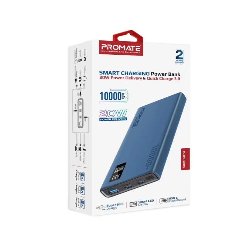 Promate Bolt-10PD 10000mAh Compact Smart Charging Power Bank with 20W PD Dual USB-C & 22.5W USB-A Ports (Black, Blue, White)
