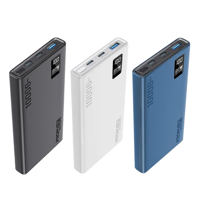 Promate Bolt-10PD 10000mAh Compact Smart Charging Power Bank with 20W PD Dual USB-C & 22.5W USB-A Ports (Black, Blue, White)