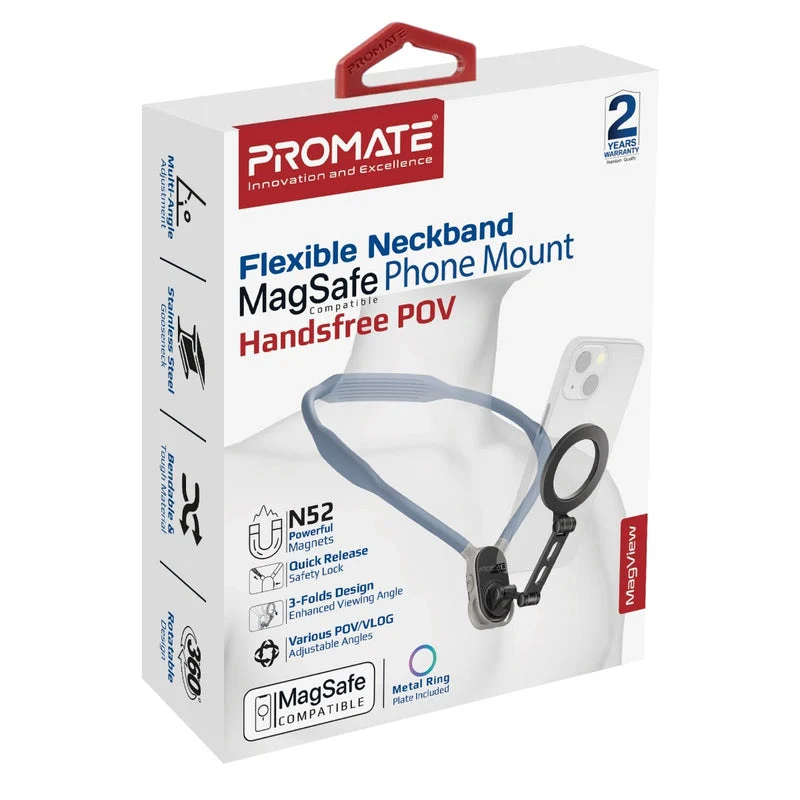 Promate MagView Flexible Neckband MagSafe Compatible Phone Mount for Handsfree POV (Blue)