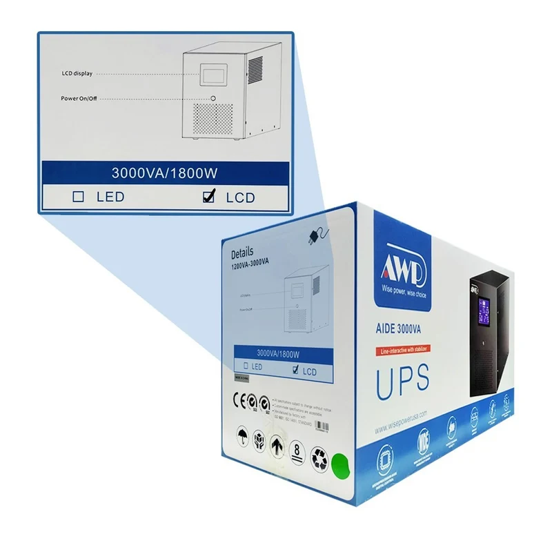 AWP Aide LCD 3000VA 1800W Line-Interactive UPS with Stabilizer