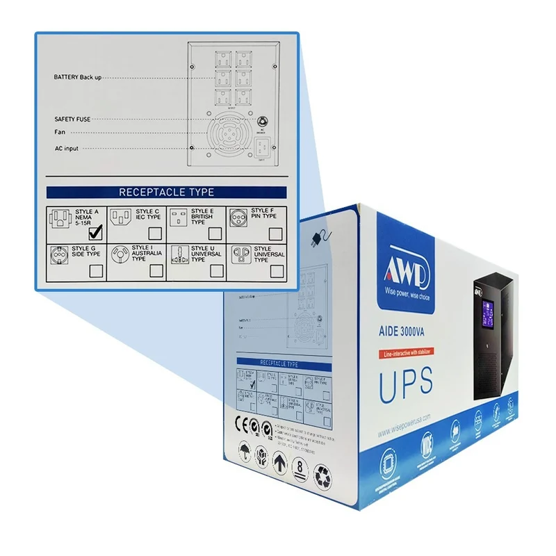 AWP Aide LCD 3000VA 1800W Line-Interactive UPS with Stabilizer