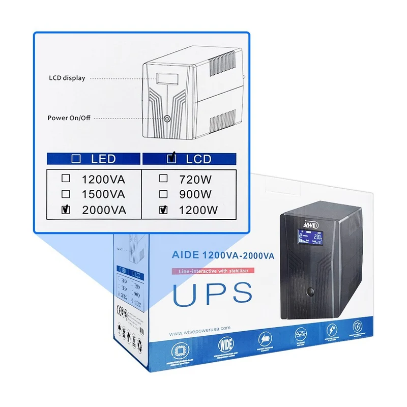 AWP Aide LCD 2000VA 1200W Line-Interactive UPS with Stabilizer