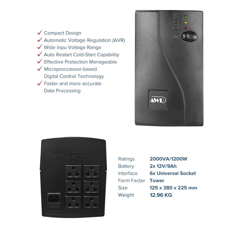 AWP Aide Single-Phase 2000VA 1200W Line-Interactive UPS with Stabilizer