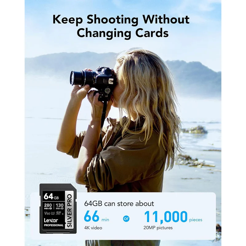 Lexar Professional SILVER PRO 64GB SDXC UHS-II C10 U3 V60 280MB/s Read 130MB/s Write SD Card (LSDSIPR064G-BNNNG)