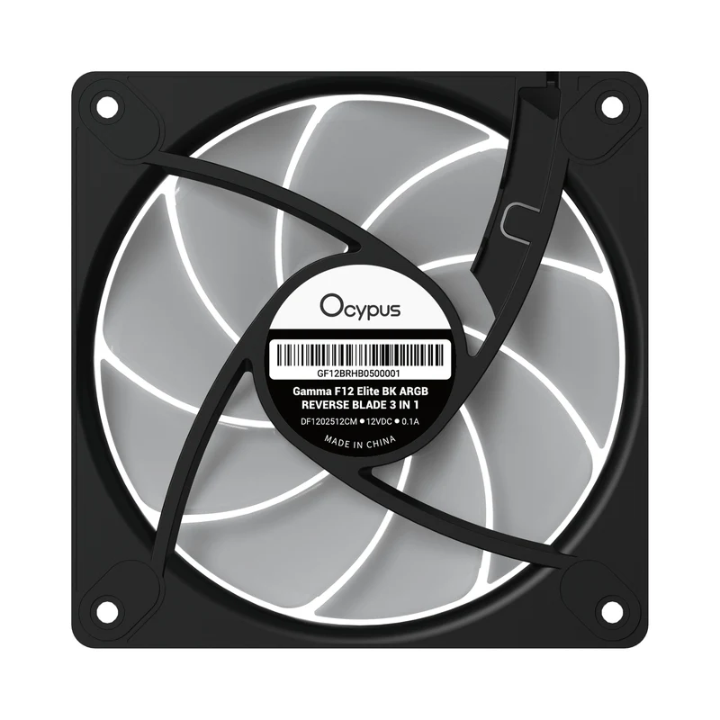 Ocypus Gamma F12 Elite ARGB Reverse Blade 3-in-1 120mm PWM Fan with Transparent Frame (Black, White)