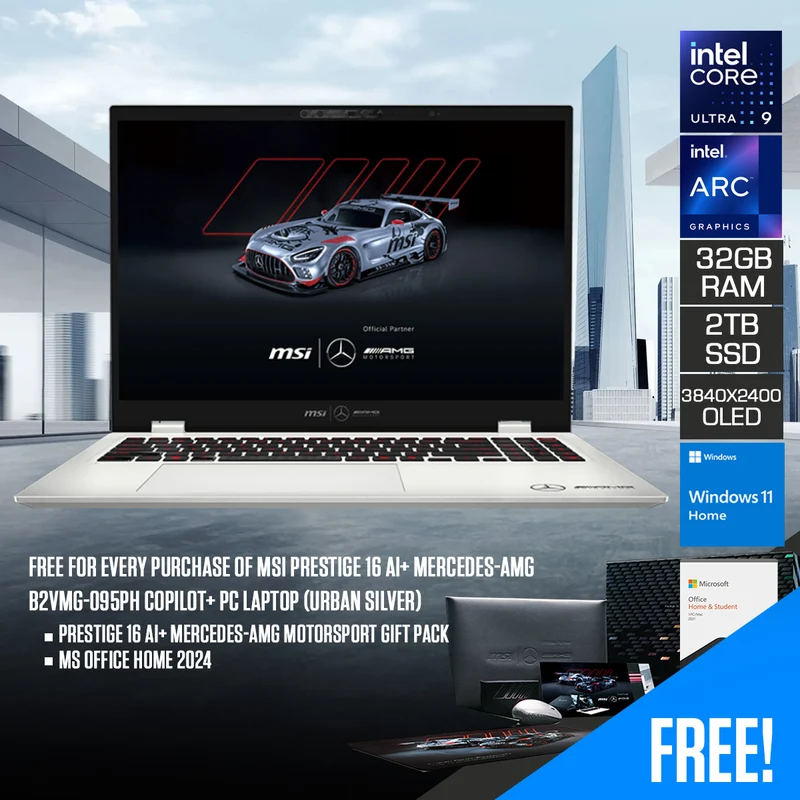 MSI Prestige 16 AI+ Mercedes-AMG B2VMG-095PH Copilot+ PC Laptop (Urban Silver)| 16" UHD+ (3840x2400) OLED| Core Ultra 9 processor 288V | 32GB RAM | 2TB SSD | Intel Arc | Win 11 Home | MS Office Home 2024 + Prestige 16 AI+ Mercedes-AMG Motorsport Gift Pack