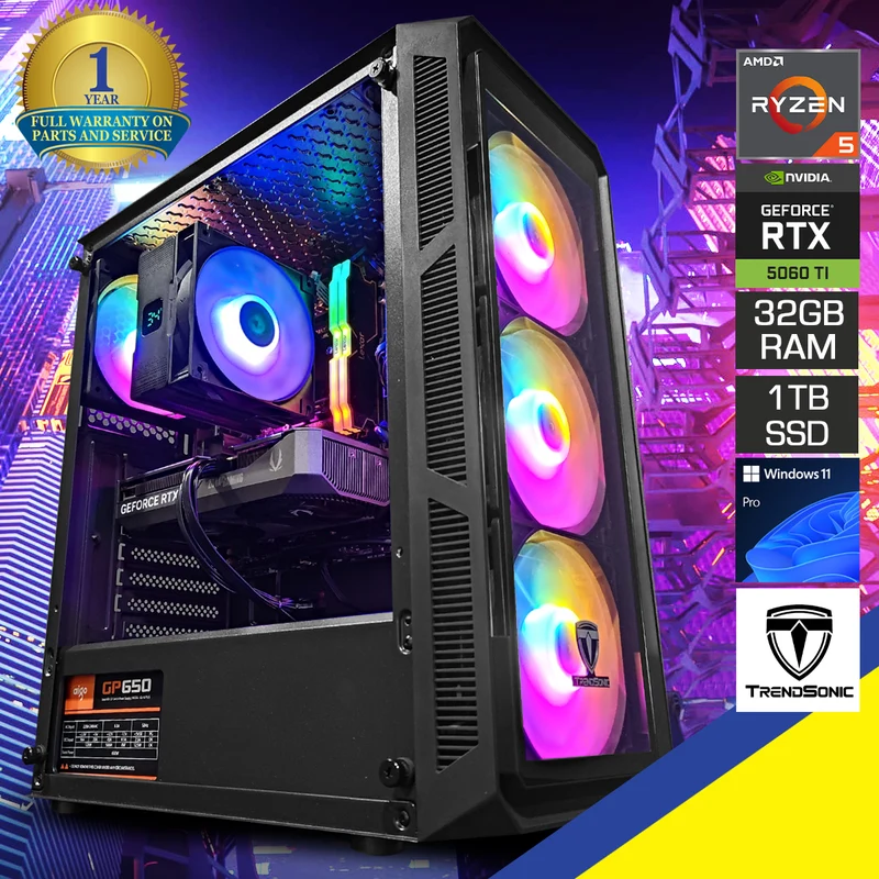Sigma Hermes HE19A Black Desktop Gaming PC | AMD Ryzen 5 7500F | 32GB RAM | 1TB SSD | RTX 5060 Ti | Windows 11 Pro