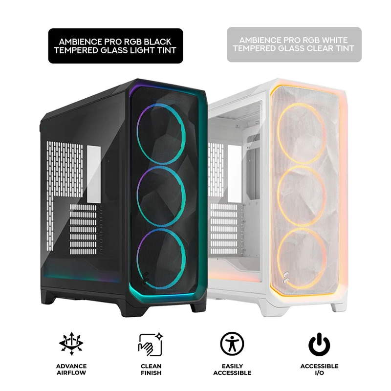 Fractal Design Meshify 3 Computer Case (Ambience Pro RGB Black Tempered Glass Light Tint, Ambience Pro RGB White Tempered Glass Clear Tint)