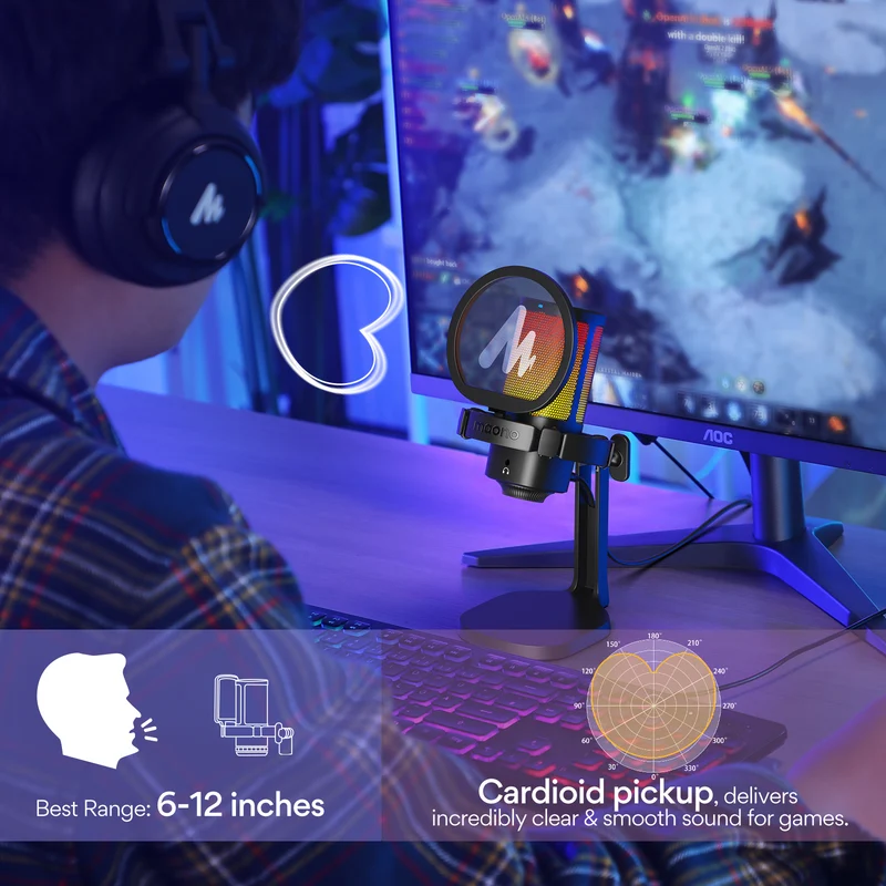 Maono DGM20G USB RGB Gaming Condenser Noise Canceling Microphone (Black, White)