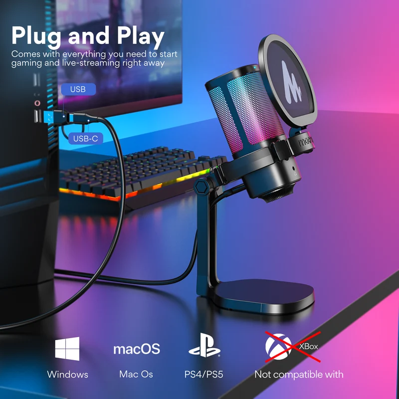 Maono DGM20G USB RGB Gaming Condenser Noise Canceling Microphone (Black, White)