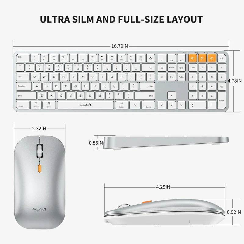 ProtoArc KM100-A Bluetooth Triple Channel Ultra-Slim Backlit Keyboard and Mouse Combo (White/Silver) (CP012798)