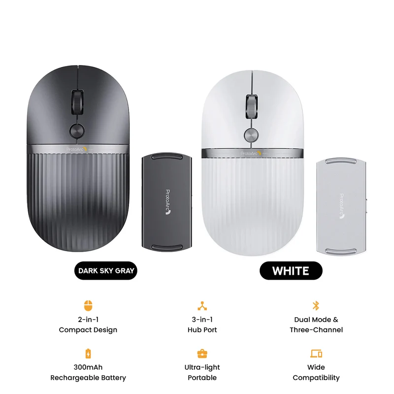 ProtoArc HubMouse 2-in-1 Swappable Modular HubMouse with Customized Hub (Dark Sky Gray, White)