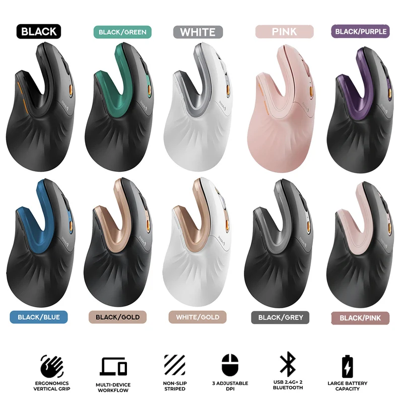 ProtoArc EM11 NL Rechargeable Multi-Device Ergonomic Vertical Mouse (Black, Black/Green, White, Black/Blue, Black/Gold, White/Gold, Pink, Black/Grey, Black/Purple, Black/Pink)