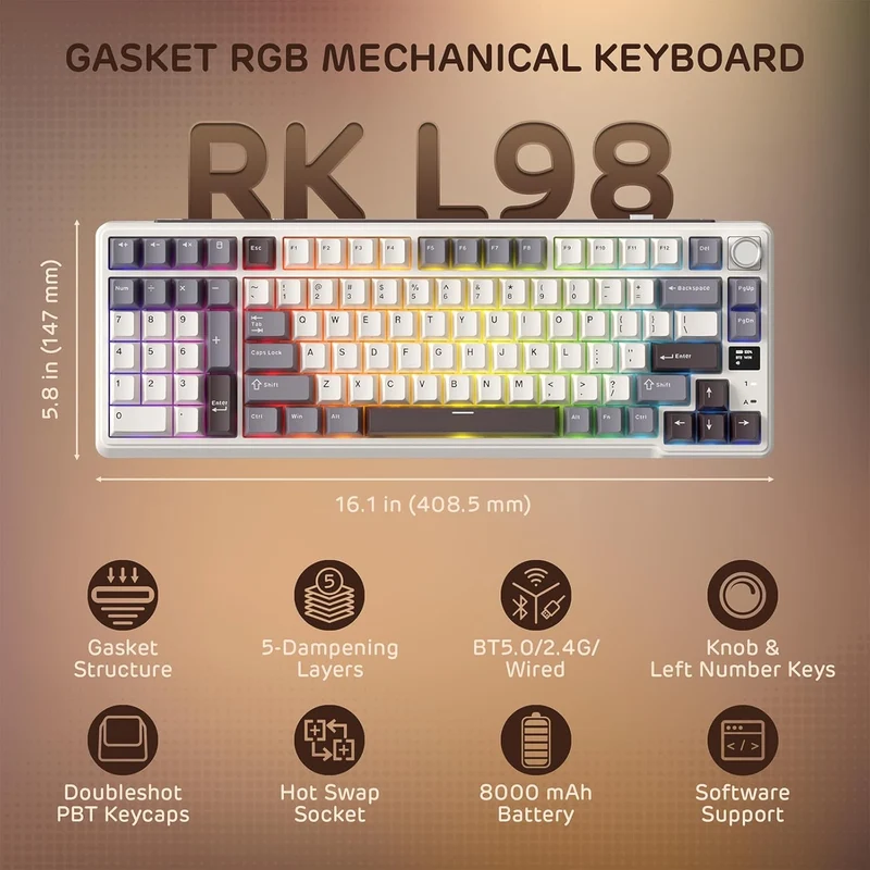 Royal Kludge RK-L98 Tri-Mode RGB 101 Keys Hot Swappable Mechanical Keyboard Sandalwood Brown (Cream Switch)