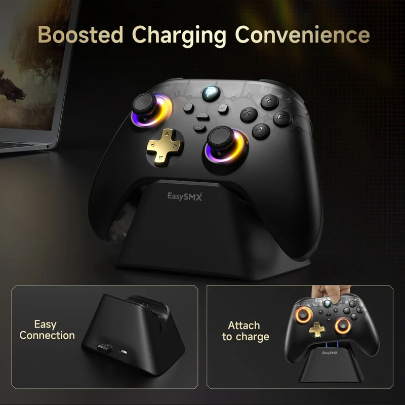 EasySMX D05 Multi-Platform Gaming Controller with Charging Dock, Hall Effect Joysticks & Trigger (Black) (VG-C530)
