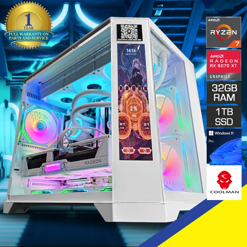 Sophos Spectra with Display White Desktop Gaming PC | AMD Ryzen 7 9700X | 32GB RAM | 1TB SSD | RX 9070 XT | Windows 11 Pro